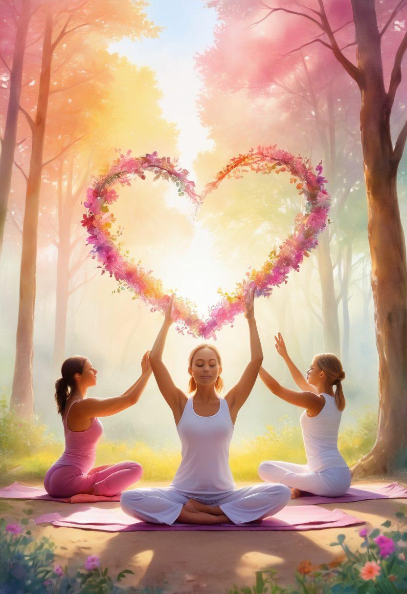 A serene and uplifting scene depicting a diverse group of individuals engaged in holistic wellness activities: yoga, meditation, and herbal medicine. Incorporate symbols of empowerment, such as a glowing heart and hands providing support, alongside elements representing cancer awareness, like colorful ribbons. The background should include soft, natural landscapes with vibrant flowers and gentle sunlight filtering through trees, conveying a sense of peace and hope. watercolor style. soft pastel colors. harmonious composition.