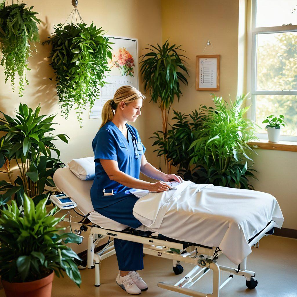 A serene hospital scene depicting a compassionate nurse assisting a cancer patient in a vibrant therapy room filled with plants and sunlight. Include essential tools like a medical chart, physical therapy equipment, and supportive wellness items such as journals and art supplies. The atmosphere should evoke hope and strength, showcasing a journey of healing. soft color palette. warm lighting. super-realistic.